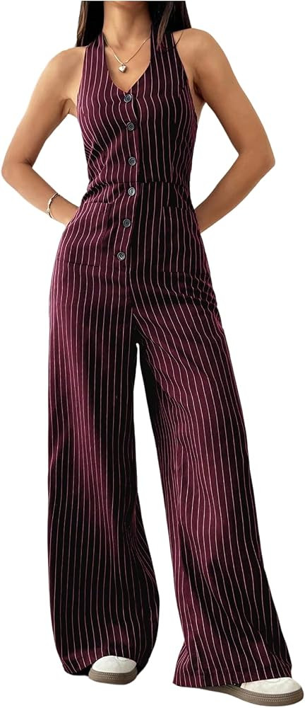 Verdusa Women's Striped Button Down Halter Jumpsuits Sleeveless High Waisted Straight Leg One Pie... | Amazon (US)