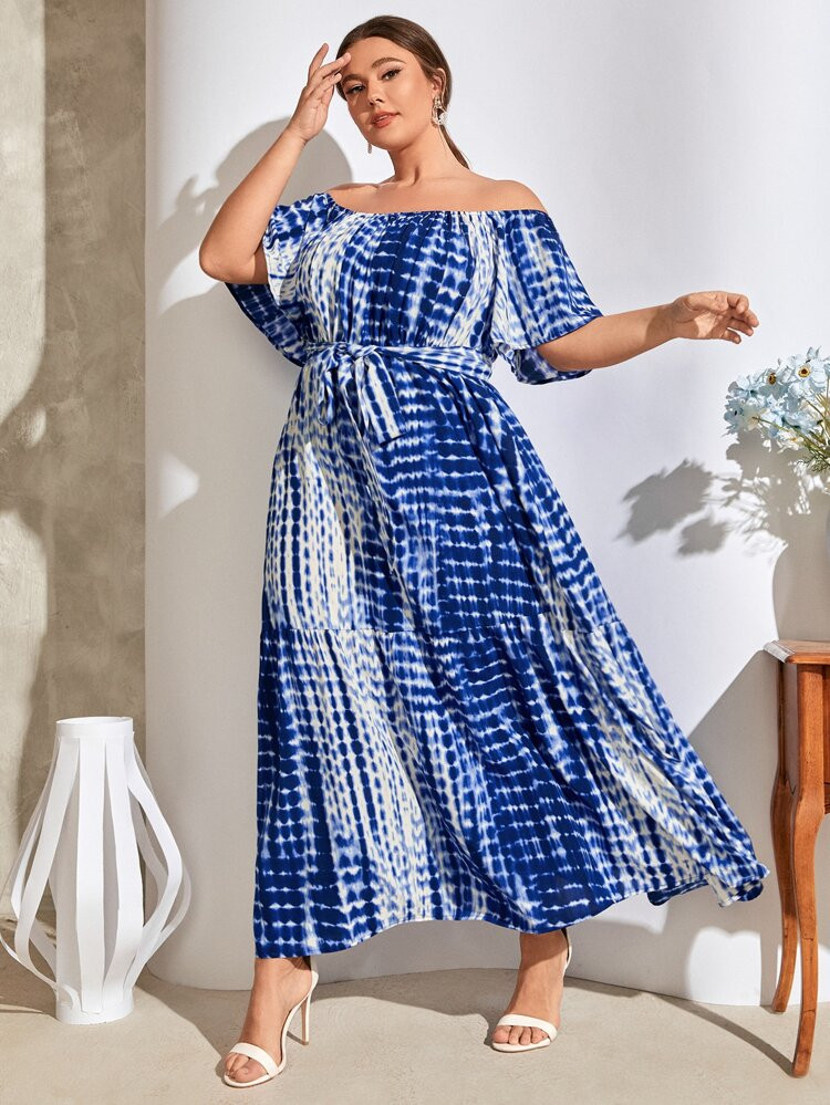SHEIN Plus Tie Dye Off Shoulder Ruffle Hem Belted Dress | SHEIN