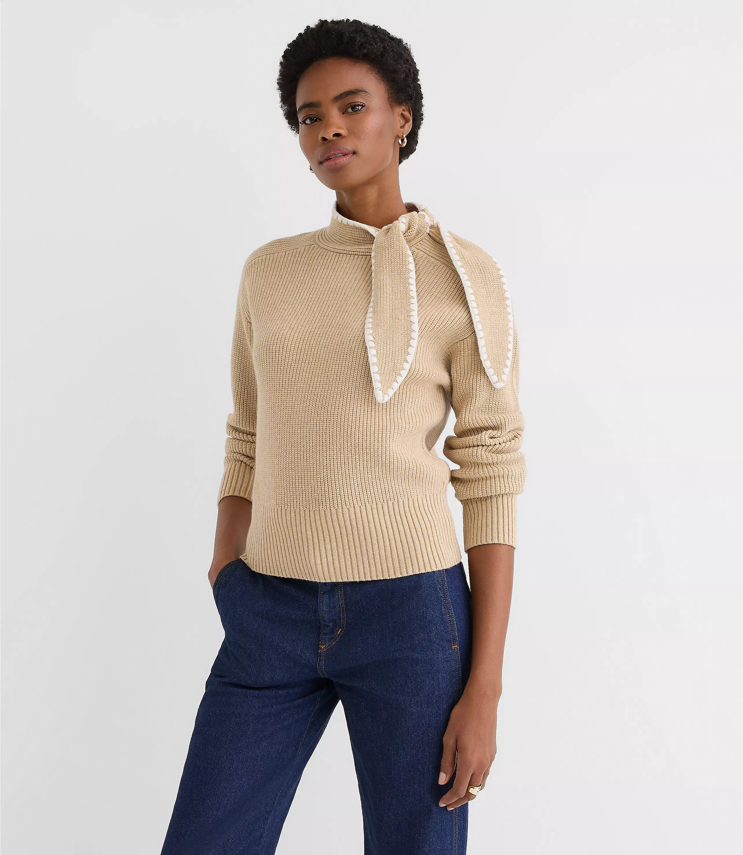 Petite Contrast Stitched Tie Neck Sweater | LOFT
