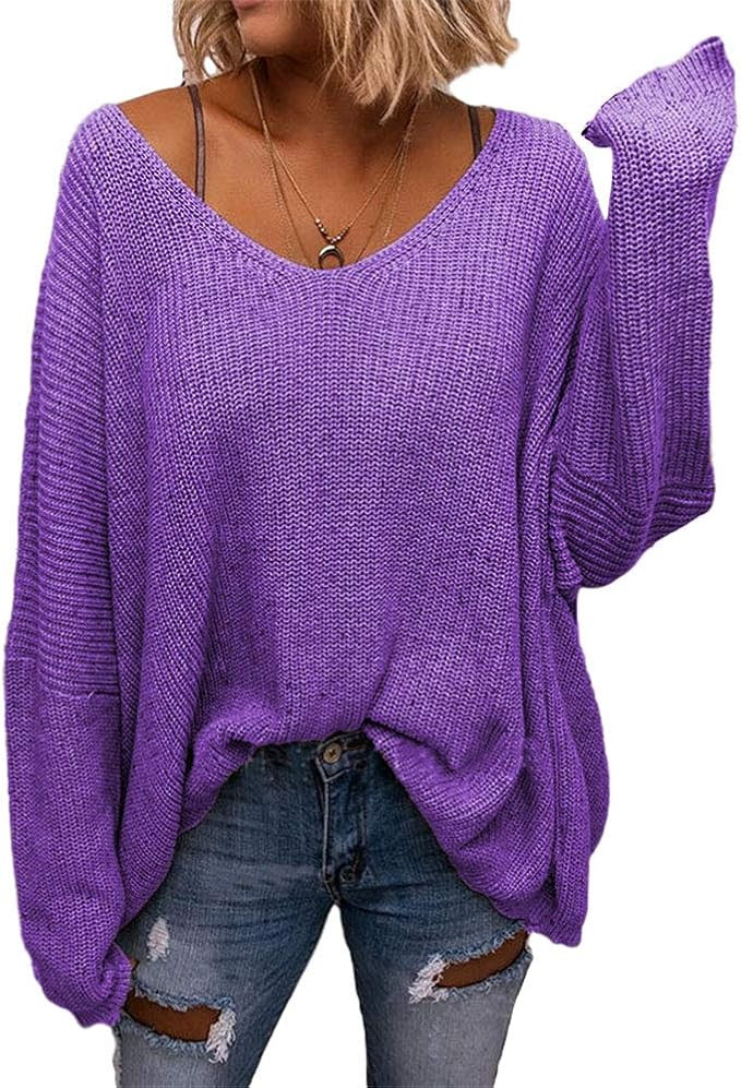 BZB Women's V Neck Long Sleeve Knit Loose Oversized Pullover Sweater | Amazon (US)