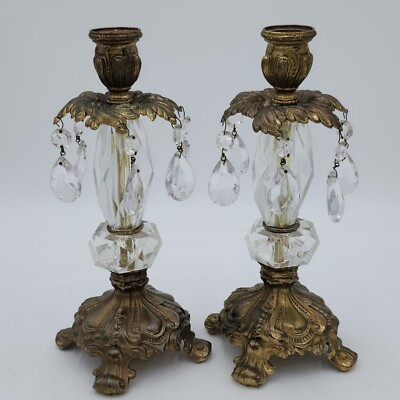 Vintage Hollywood Regency Crystal Glass Gold Cast Metal Candle Holders | eBay | eBay US