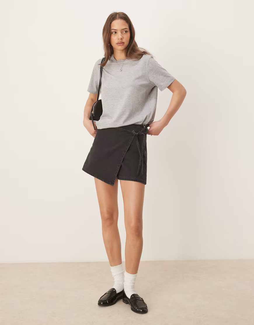 ASOS DESIGN denim wrap skort in black | ASOS (Global)