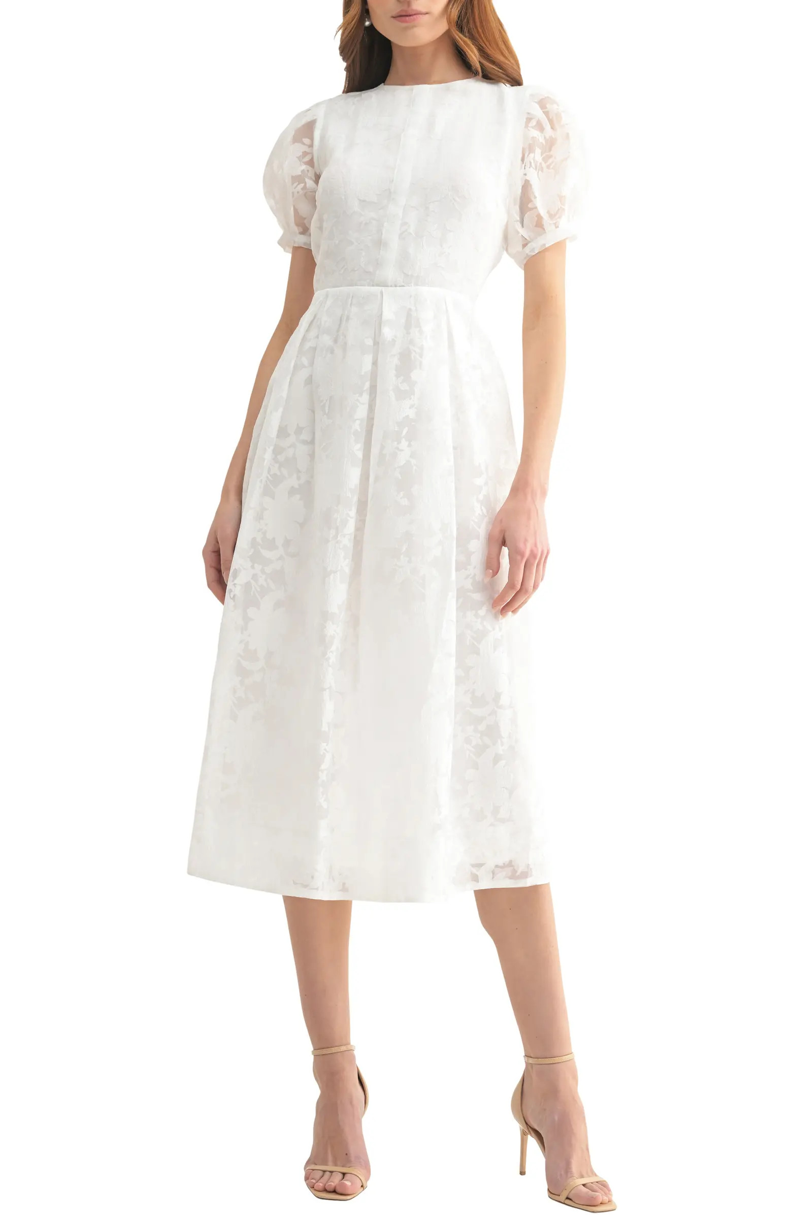 Jacquard Puff Sleeve A-Line Midi Dress | Nordstrom