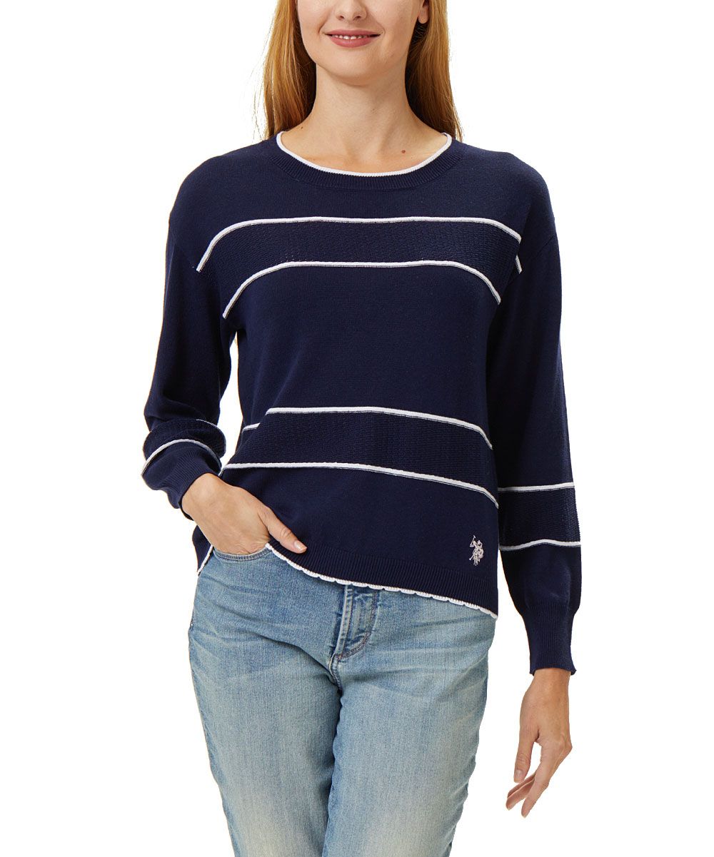 U.S. Polo Assn. Women's Pullover Sweaters EVENING - Evening Blue & White Stripe Scallop-Trim Sweater | Zulily