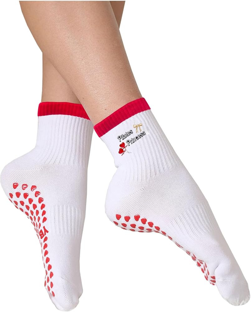 Women's Cute Grip Pilates Socks Non-Slip Crew Yoga Barre Socks with Colored cuff & Embroidery | Amazon (US)