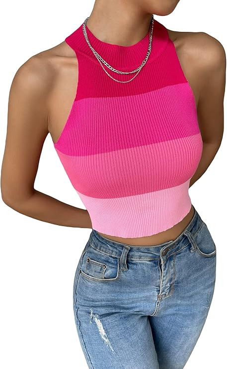 GORGLITTER Women's Color Block Knit Tank Top Sleeveless Halter Crop Tops | Amazon (US)