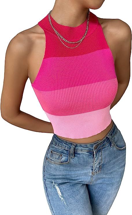 GORGLITTER Women's Color Block Knit Tank Top Sleeveless Halter Crop Tops | Amazon (US)