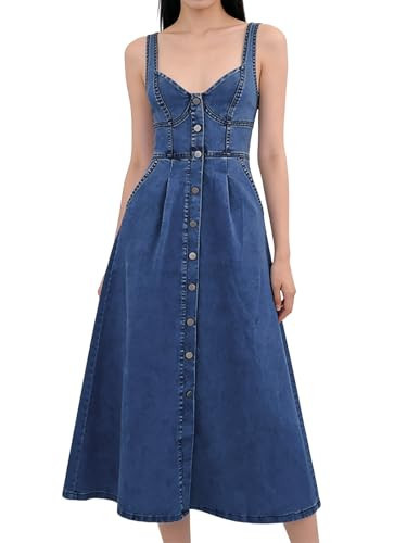 utcoco Denim Dress for Women Sleeveless Button Down Slim Fit Midi Jean Dresses for Women 2026 (Medium, Dark Blue) | Amazon (US)