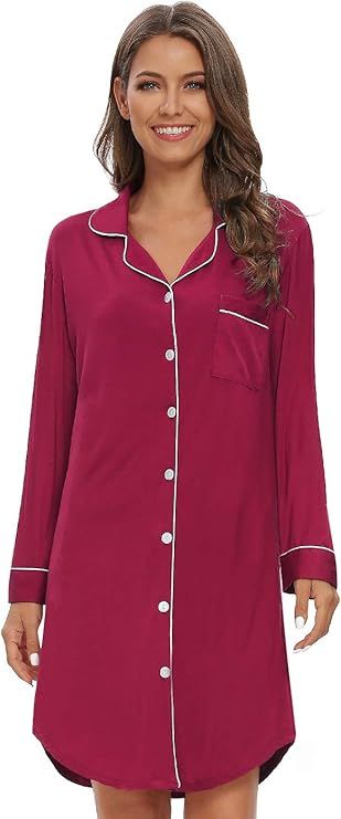 Cosy Pyro Nightgowns for Women Pajama Sleepdress Long Sleeve Button Down Boyfriend Nightshirts | Amazon (US)