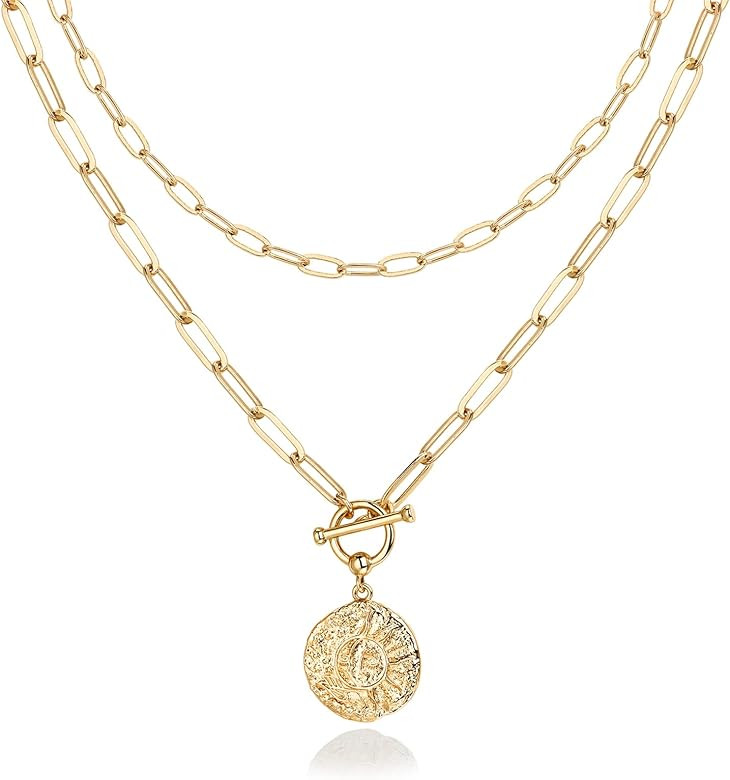 PAVOI 14K Gold Plated Layering Necklaces | Stylish Minimalist Design Pendant Necklaces | Bar, Cir... | Amazon (US)