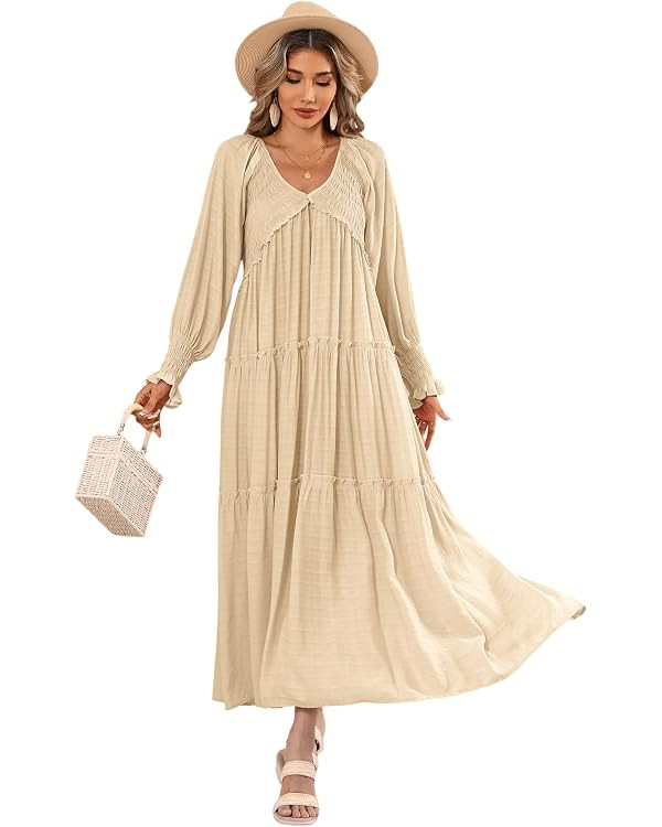 R.Vivimos Maxi Dress for Women Long Sleeve V Neck Empire Waist Layered Ruffle Boho Casual Flowy L... | Amazon (US)