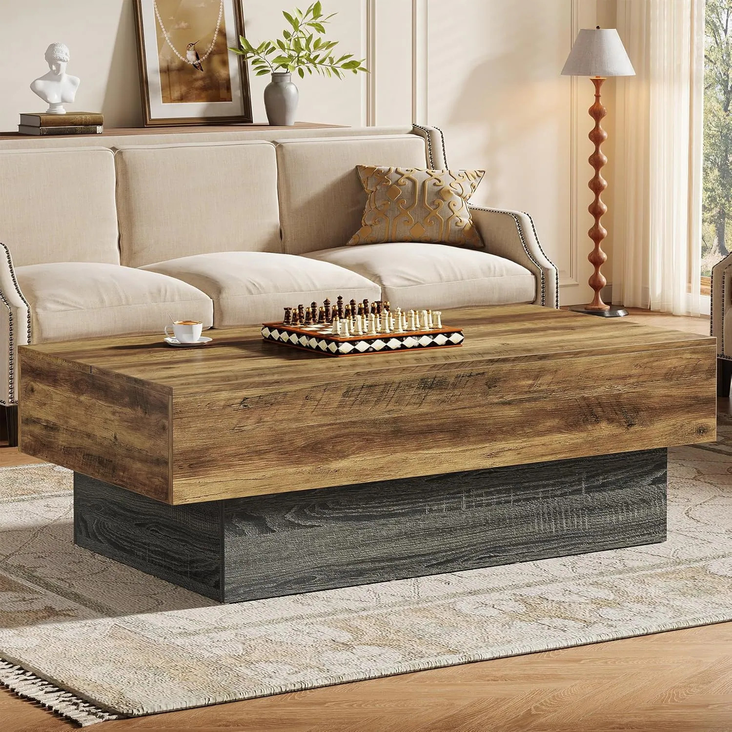 Tribesigns 55 inches Farmhouse Wood Coffee Table Large Rectangle Rustic Brown and Grey Tea Table for Living Room Office Reception Vintage Center | Lowe's