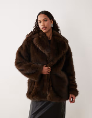 Motel pepita faux fur coat in dark brown | ASOS (Global)