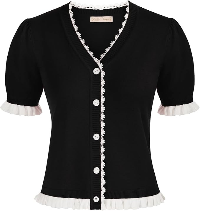 Belle Poque Women's Short Sleeve Cardigan V Neck Button Sweater Vintage Elegant Cardigan with Lac... | Amazon (US)