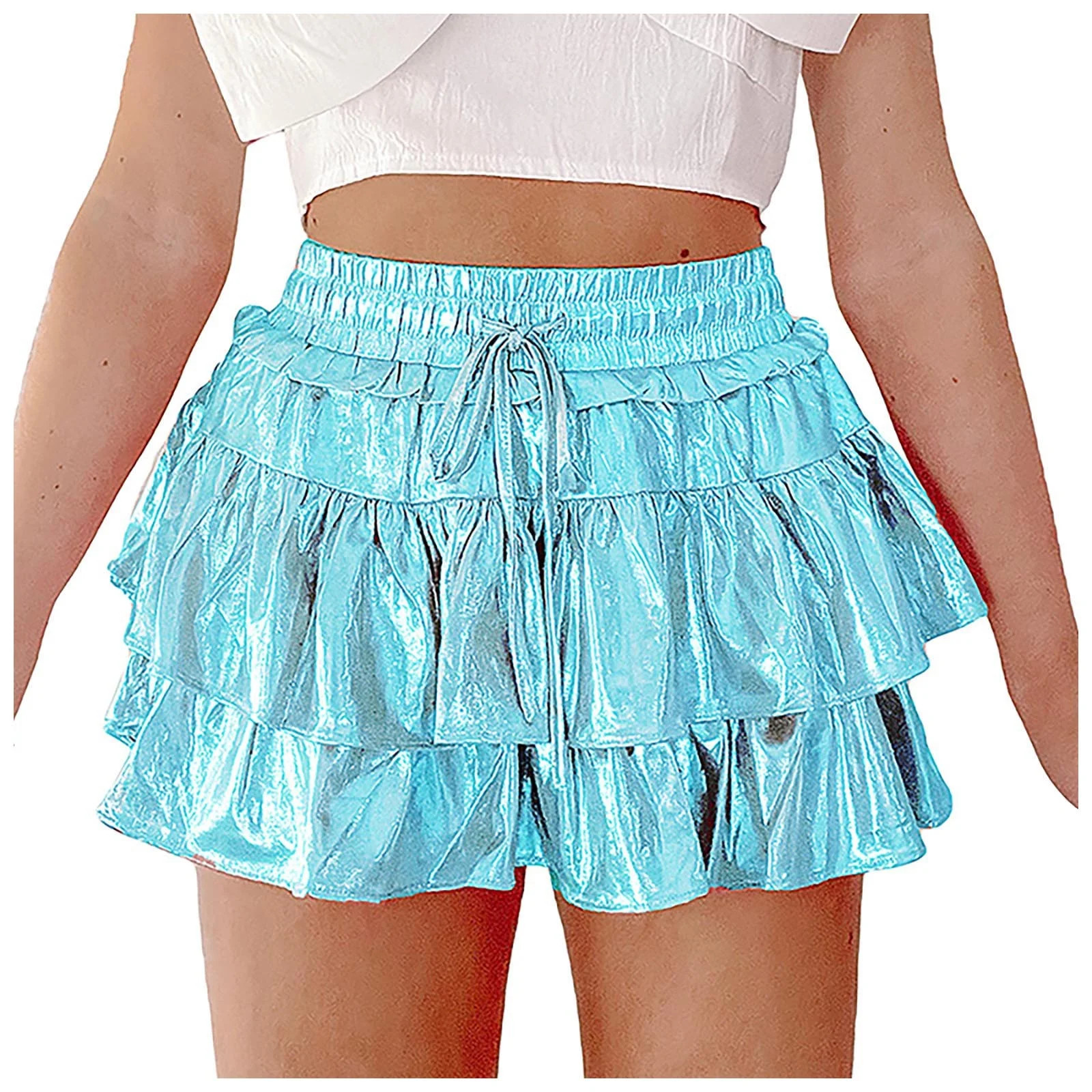 RUTAYY Women Metallic Skirt Shiny Flared Pleated Skirt Layered Ruffle Hem Mini Skirt Rave Skirt S... | Walmart (US)
