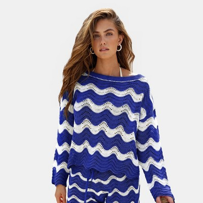 Women's Elegant Crochet Hollow Out Cover Up Shirts -Cupshe-S-Blue | Target