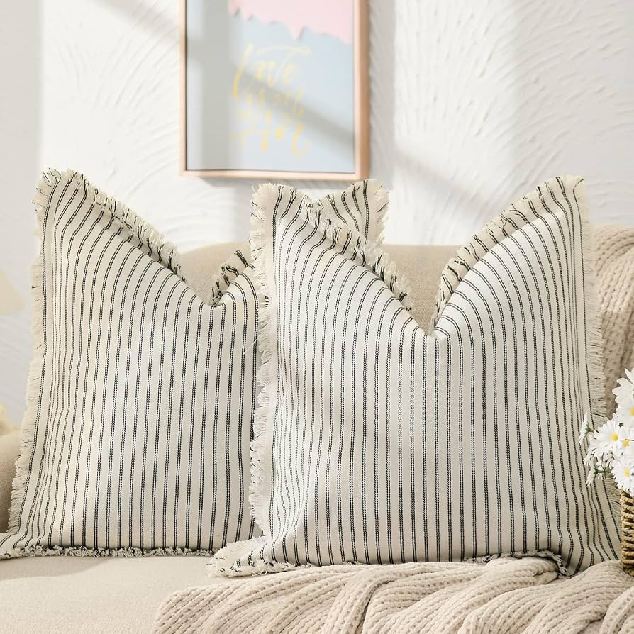 ZWJD Throw Pillow Covers 16x16 Set of 2 Striped Pillow Covers with Fringe Chic Cotton Decorative ... | Amazon (US)
