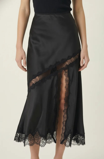 Lace Trim Asymmetric Satin Midi Skirt with Contrast Panel | Nordstrom