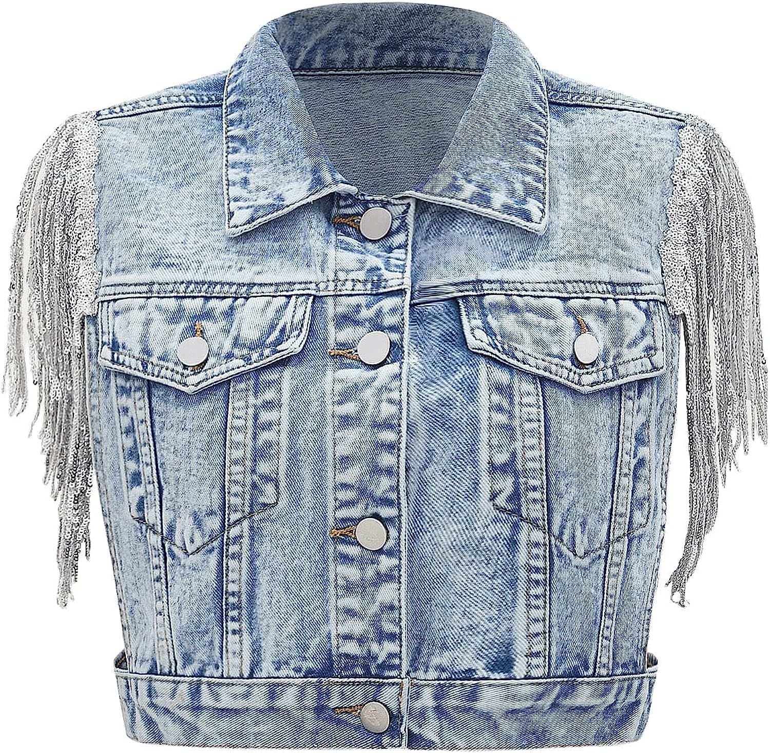 SweatyRocks Women's Fringe Button Down Crop Denim Jacket Sleeveless Collared Jean Coats | Amazon (US)