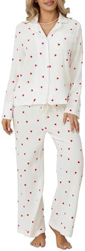 Womens 2 Piece Outfit Cotton Pajamas Pants Set Heart Print LongSleeve Button Shirt with Long Pant... | Amazon (US)