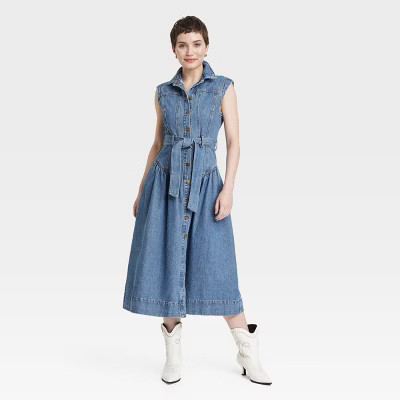 Women's Tie-Waist Midi A-Line Denim Dress - Universal Thread™ Indigo | Target
