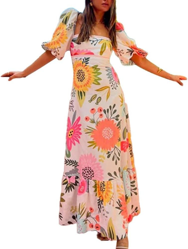 Melliflo Floral Dress for Women Off Shoulder Square Neck Puff Sleeve Bodycon Ruffle Boho Maxi Dre... | Amazon (US)