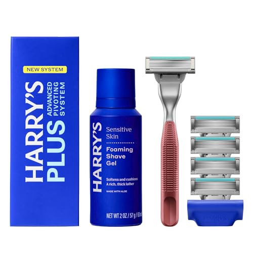 Harry's Plus Shaving Kit for Men - Premium Handle, 5 Razor Blade Cartridges, Foaming Shave Gel, and Travel Blade Cover - TSA Approved Travel Essentials - Advanced Pivoting System - Clay | Amazon (US)