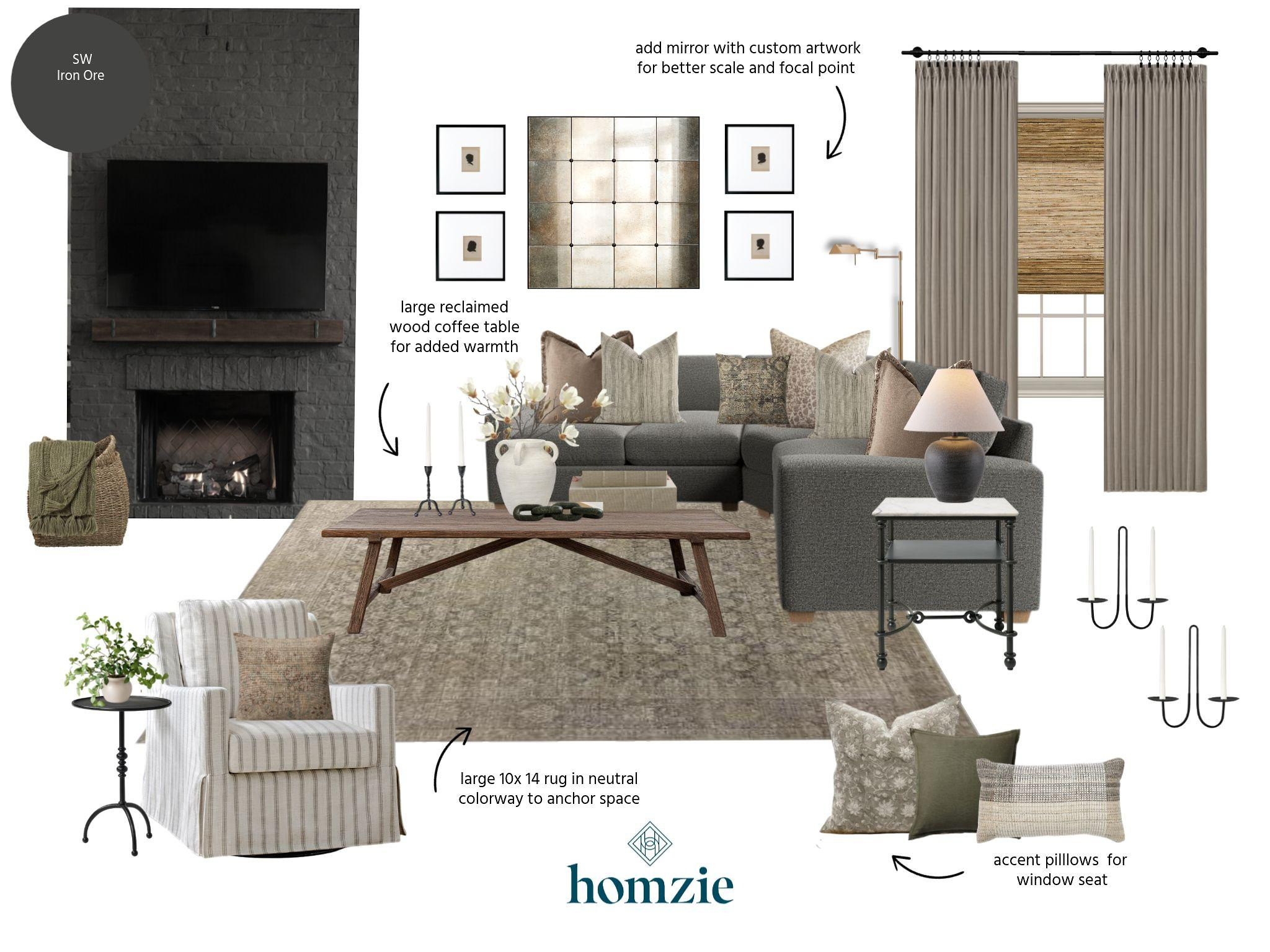 A living room that balances warmth and contrast. ✨ The dark Iron Ore fireplace creates a bold focal point, while a neutral rug, reclaimed wood coffee table, and layered textures keep the space feeling inviting. Finished with thoughtful styling, custom artwork, and a charcoal-blue sectional for a timeless, collected look. 

 #LTKHome #LTKStyle #LivingRoomDesign #LivingRoomDecor #InteriorDesign #HomeDecor #ModernLivingRoom #FireplaceDesign #NeutralDecor #HomeInspo #DesignDetails #StyledSpaces #CozyHome #MyLTK