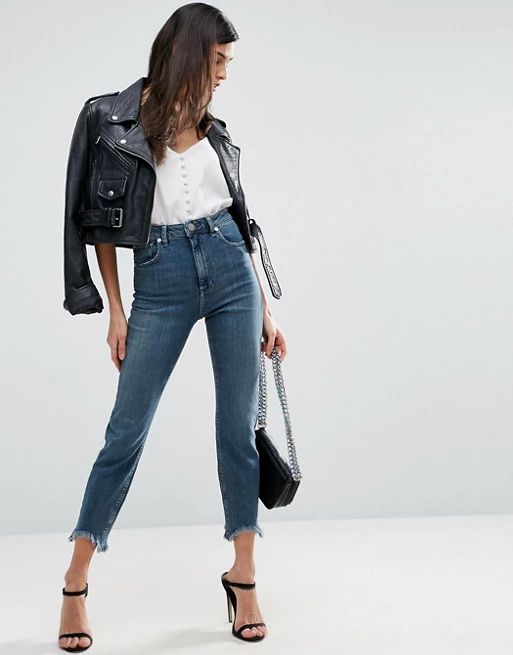 ASOS FARLEIGH High Waist Slim Mom Jeans In Bea London Blue Wash with Arched Raw Hem | ASOS US