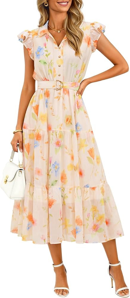 ZESICA Women's Summer Floral Midi Dress 2026 Casual Flutter Short Sleeve Chiffon Button Down Wedd... | Amazon (US)