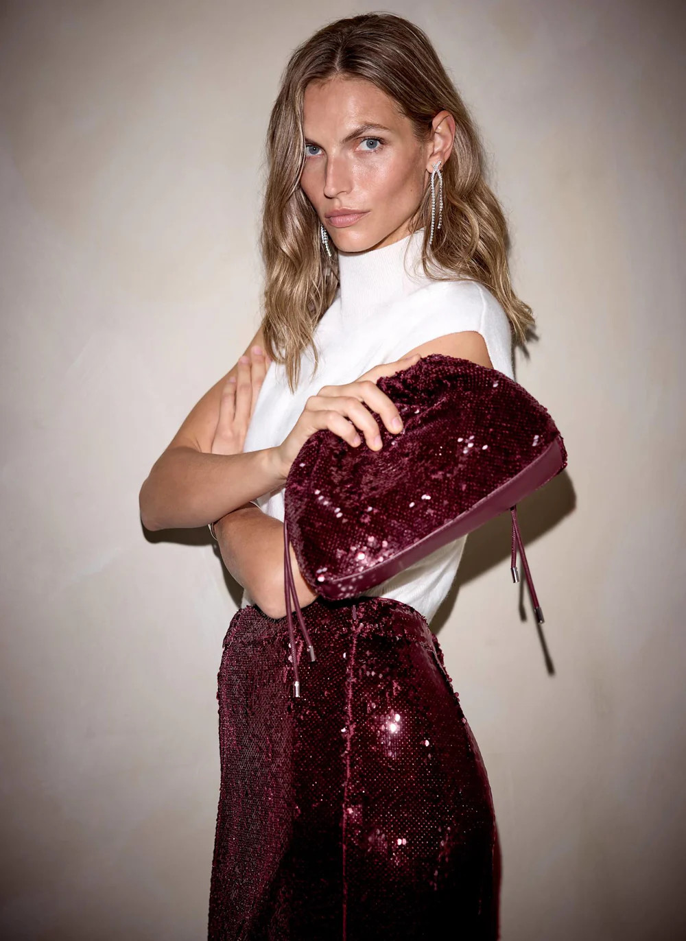 Raya Burgundy Sequin  Drawstring Bag | Mint Velvet