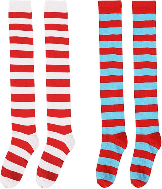 2 Pairs Striped Socks Over Knee Thigh High Stockings for Dr Seuss Women Girls Thing 1 Thing 2 Cos... | Amazon (US)