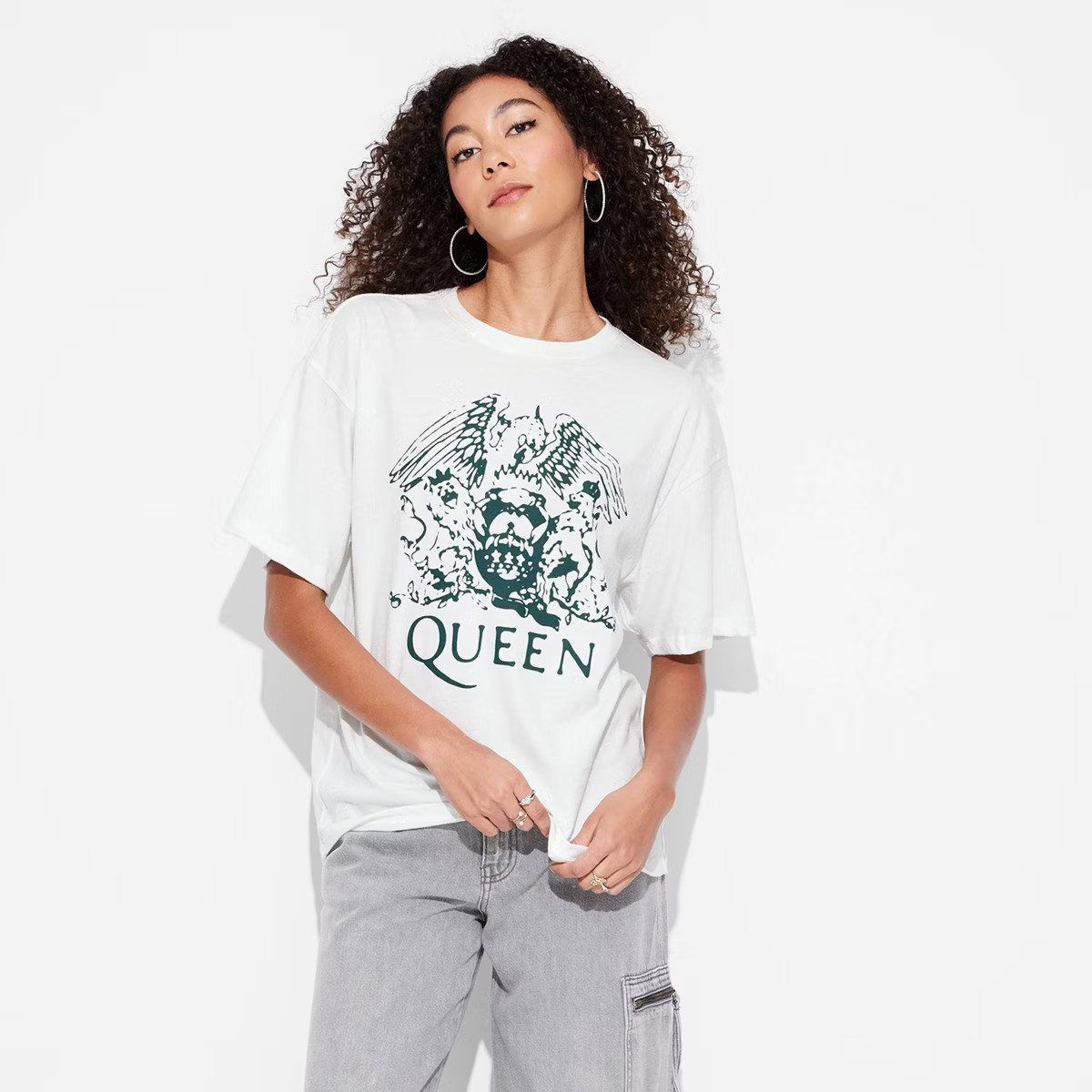 Women's Queen Emblem Oversized Short Sleeve Graphic T-Shirt - Light Gray | Target