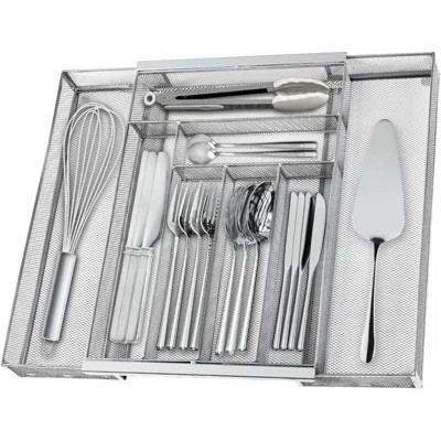 Expandable Mesh Silverware Organizer – 7-Compartment Carbon Steel Utensil Tray with Anti-Slip Feet | Wayfair North America