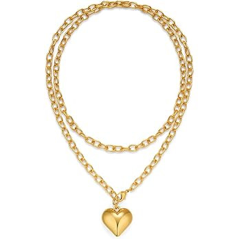 Layered Puffy Heart Necklaces For Women Gold And Silver Plated Heart Pendant Necklace Long Chain ... | Amazon (US)