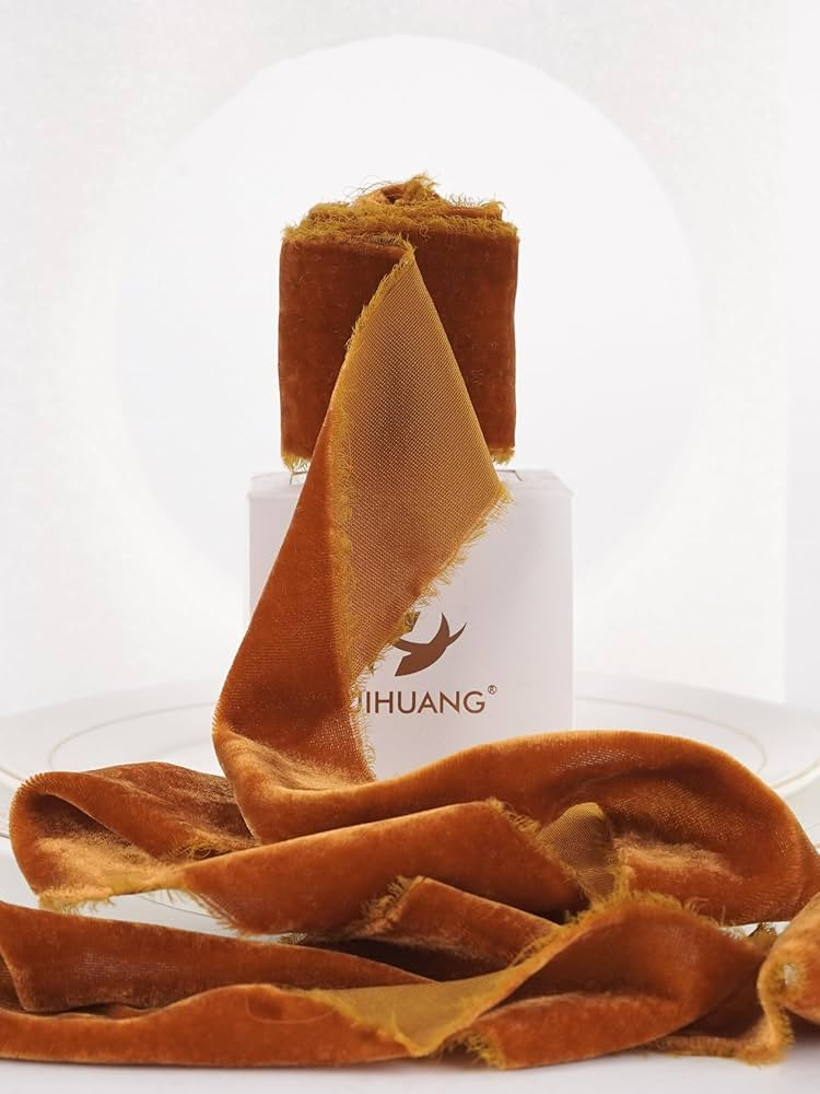 HUIHUANG Burnt Orange Velvet Ribbon 2 inch Handmade Frayed Silk Velvet Ribbon for Flower Bouquet,... | Amazon (US)