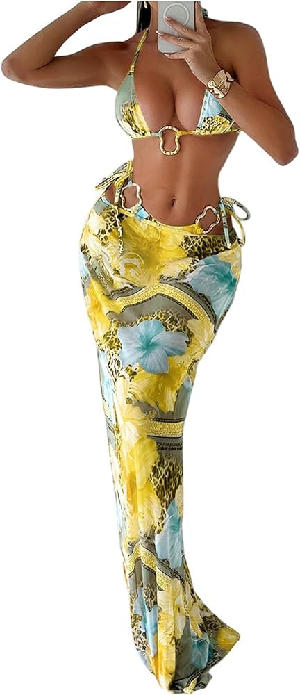 WDIRARA Women's 3 Piece Floral Halter Bikini Set Ring Linked Leopard Print Swimsuit with Coverup ... | Amazon (US)