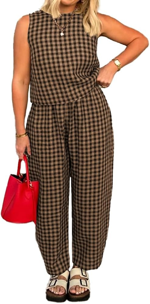 Women's Summer 2 Piece Outfits Plaid Crop Tank Top High Waisted Baggy Ankle Barrel Pants Gingham ... | Amazon (US)