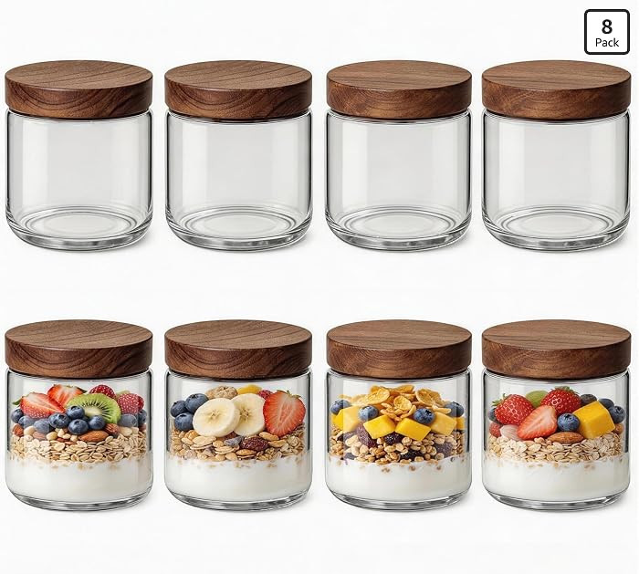 10oz 8 Pack Overnight Oats Containers with Lids, Glass Mason Jars with Acacia Wood Airtight Lids,... | Amazon (US)