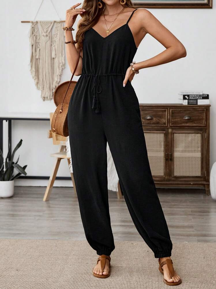 EMERY ROSE Women's Solid Color Waist Tassel Tie Pocket Casual Jumpsuit | SHEIN