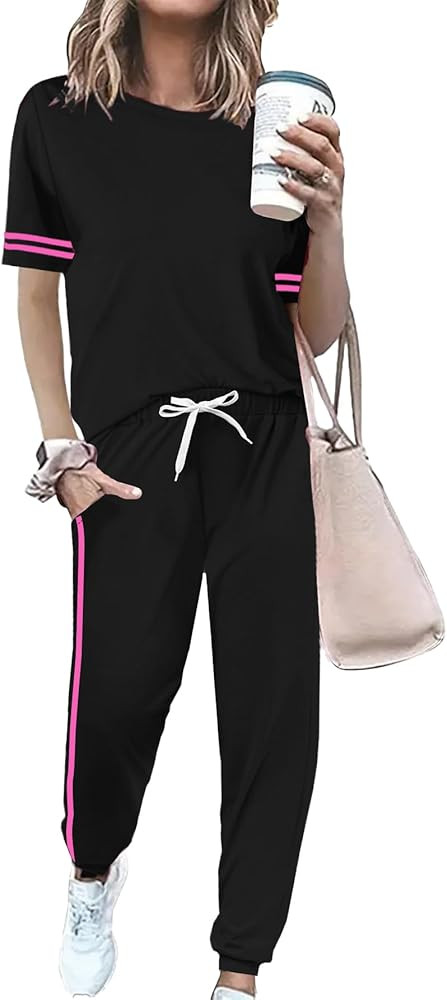Women 2 Piece Outfits Summer Set Striped Short Sleeve Sweatsuits Crew Neck Pullover Lounge Tracks... | Amazon (US)