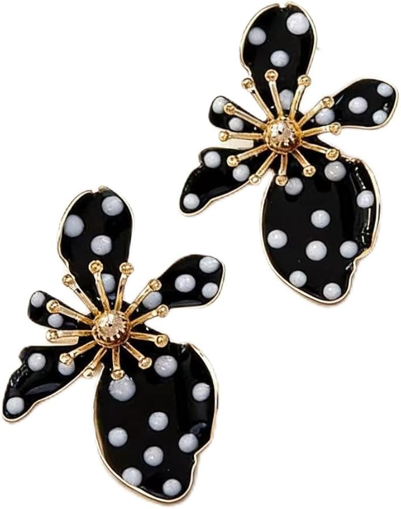 Black White Polka Dot Flower Enamel Earrings | Amazon (US)