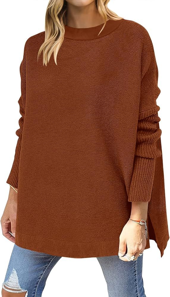 ANRABESS Women's Oversized Long Batwing Sleeve Round Neck Spilt High Low Hem Knit Tunic Pullover ... | Amazon (US)