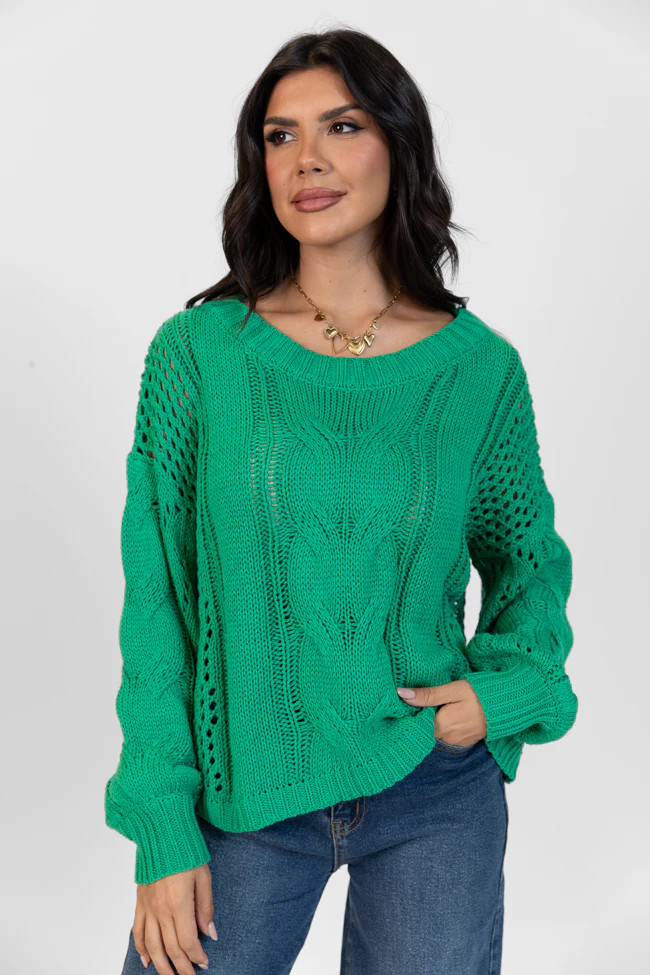 Make It Right Green Wide Neck Cable Knit Sweater DOORBUSTER | Pink Lily