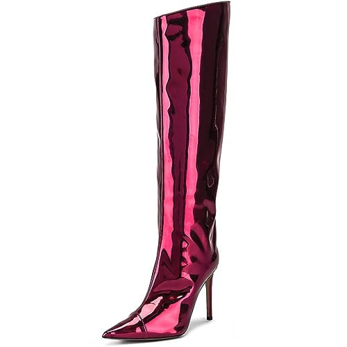 MUCCCUTE Red Metallic Knee High Boots for Women-Women's Pointed Toe Stiletto Chrome Thigh High Boots Sexy Fashion Long Boots Fuchsia Size 7 | Amazon (US)