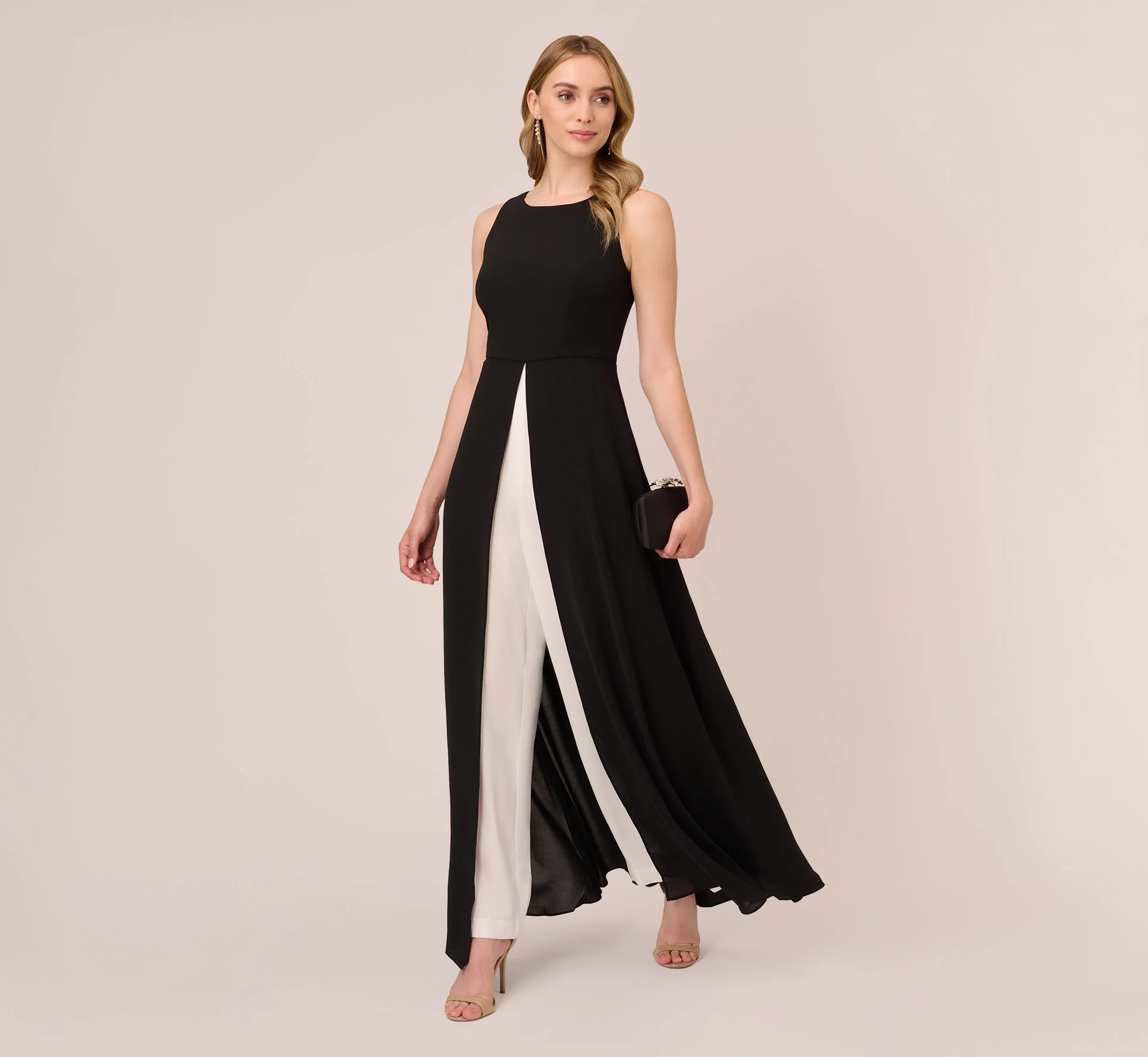 Colorblock Jumpsuit With Skirt Overlay In Black Ivory | Adrianna Papell