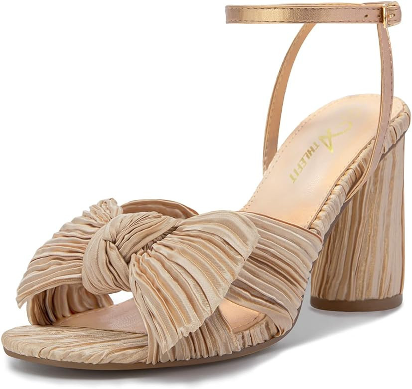 Athlefit Women's Open Toe Chunky Heels Pleated Bow Ankle Strap Heeled Sandals Wedding Bridal Shoes | Amazon (US)