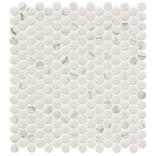 Carrara Penny Round 11 in. x 12 in. x 0.24 in. Matte Porcelain Mesh-Mounted Mosaic Floor and Wall... | The Home Depot