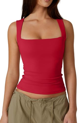 QINSEN Women's Square Neck Sleeveless Double-Layer Tank Tops Basic Tight T Shirts | Amazon (US)