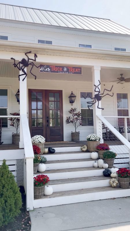 Halloween and fall front porch and front door decor trick or treat wood sign large spiders magnolia trees faux artificial silk decor pumpkins baskets mums outdoor lighting lantern light fixtures spooky season october faves and finds amazon target Etsy 

#LTKhome #LTKSeasonal #LTKHalloween